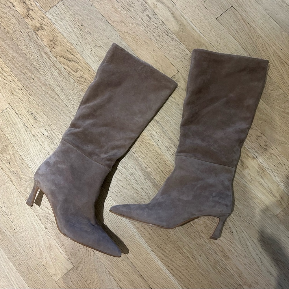 Tan Heeled Knee-High Boots with Pointed Toe